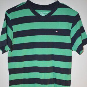 TOMMY HILFIGER Boy's T-Shirt V-Neck Green Stripes Size Medium/12-14- NWT